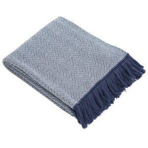 SAOL Oxford Blue Herringbone Fringed Throw  100% New Merino Wool  75" x 57" NWT